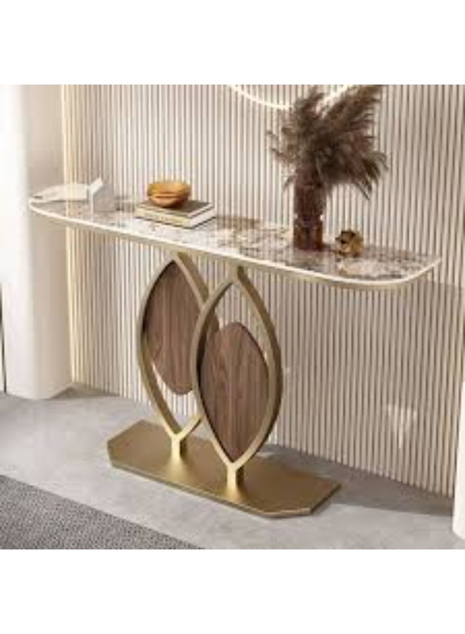 Modern Design Rustproof Rock Slab Console Table White Curved Shape Tabletop Sintered Stone Entryway Table Display Table Leaf Design Metal Frame Pedestal for Foyer Living Room Home Offices - Image 2