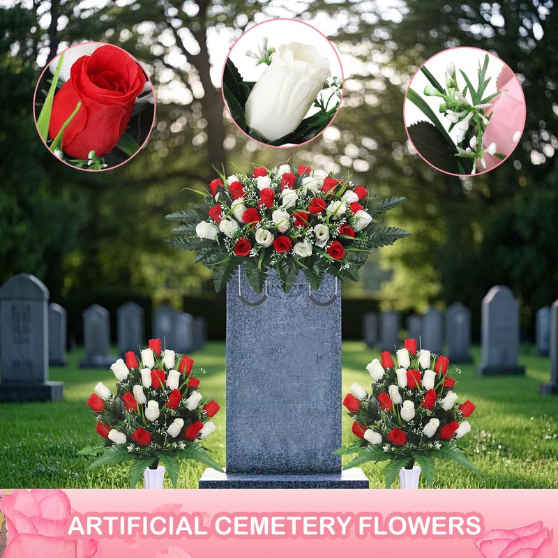 Lodou Artificial Cemetery Flower Saddles for Graves, Cemetery Memorial Flowers with Vase and 2 Memorial Bouquets for Grave Tombstone,Outdoor Grave Saddle Headstone Decorations (Red White) - Image 5