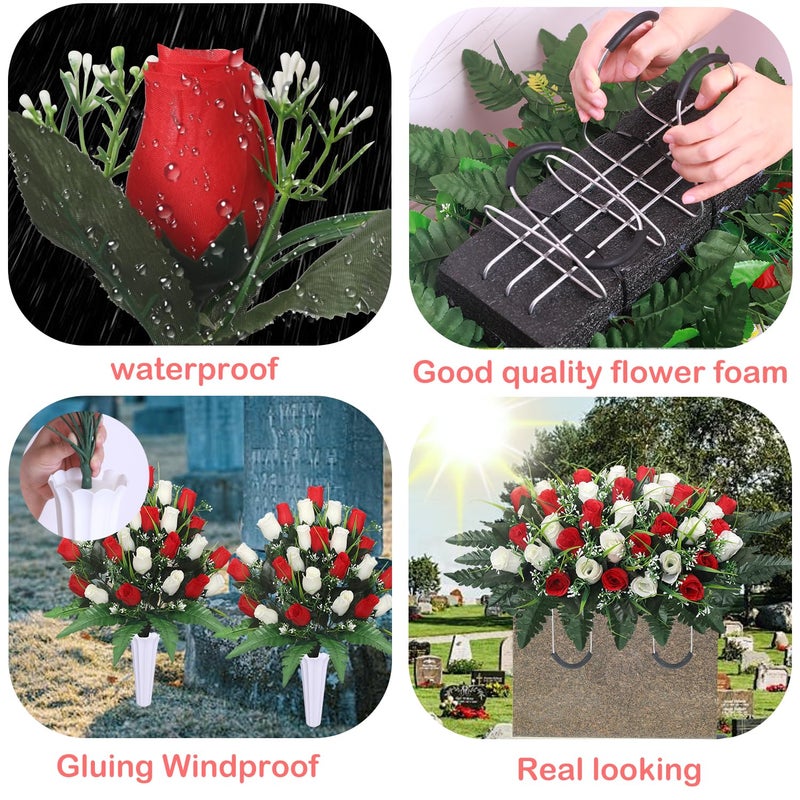 Lodou Artificial Cemetery Flower Saddles for Graves, Cemetery Memorial Flowers with Vase and 2 Memorial Bouquets for Grave Tombstone,Outdoor Grave Saddle Headstone Decorations (Red White) - Image 4