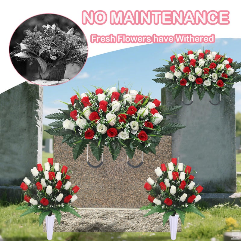 Lodou Artificial Cemetery Flower Saddles for Graves, Cemetery Memorial Flowers with Vase and 2 Memorial Bouquets for Grave Tombstone,Outdoor Grave Saddle Headstone Decorations (Red White) - Image 3