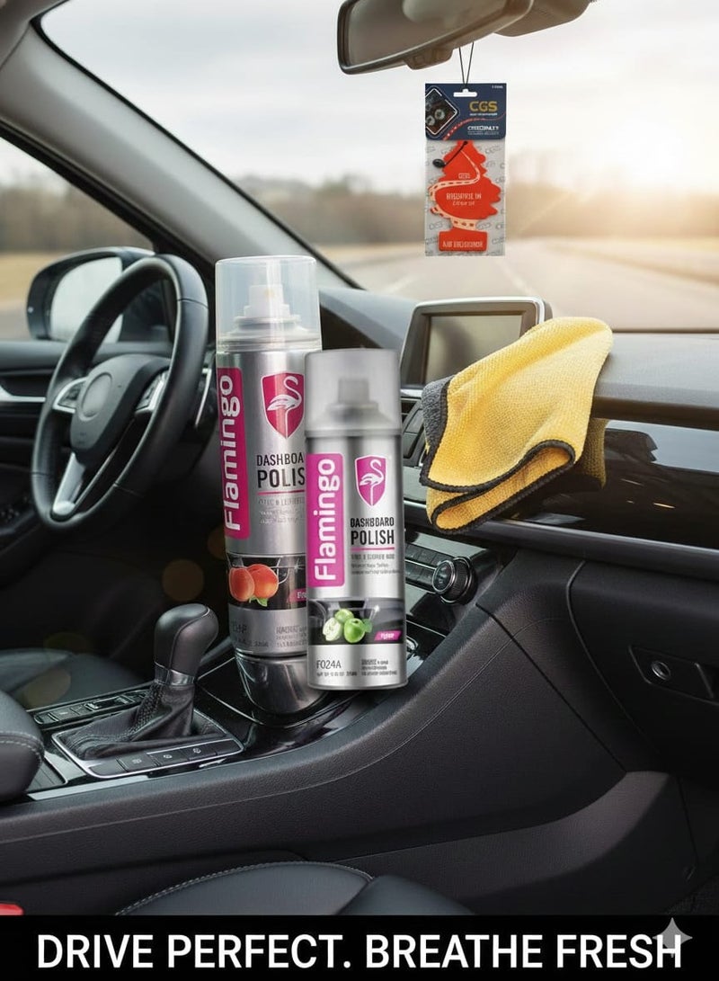 طقم عناية بتابلوه السيارة – قطعتين ملمع فلامنجو صغير + فوطة تنظيف + كارت معطر CGS - Image 1