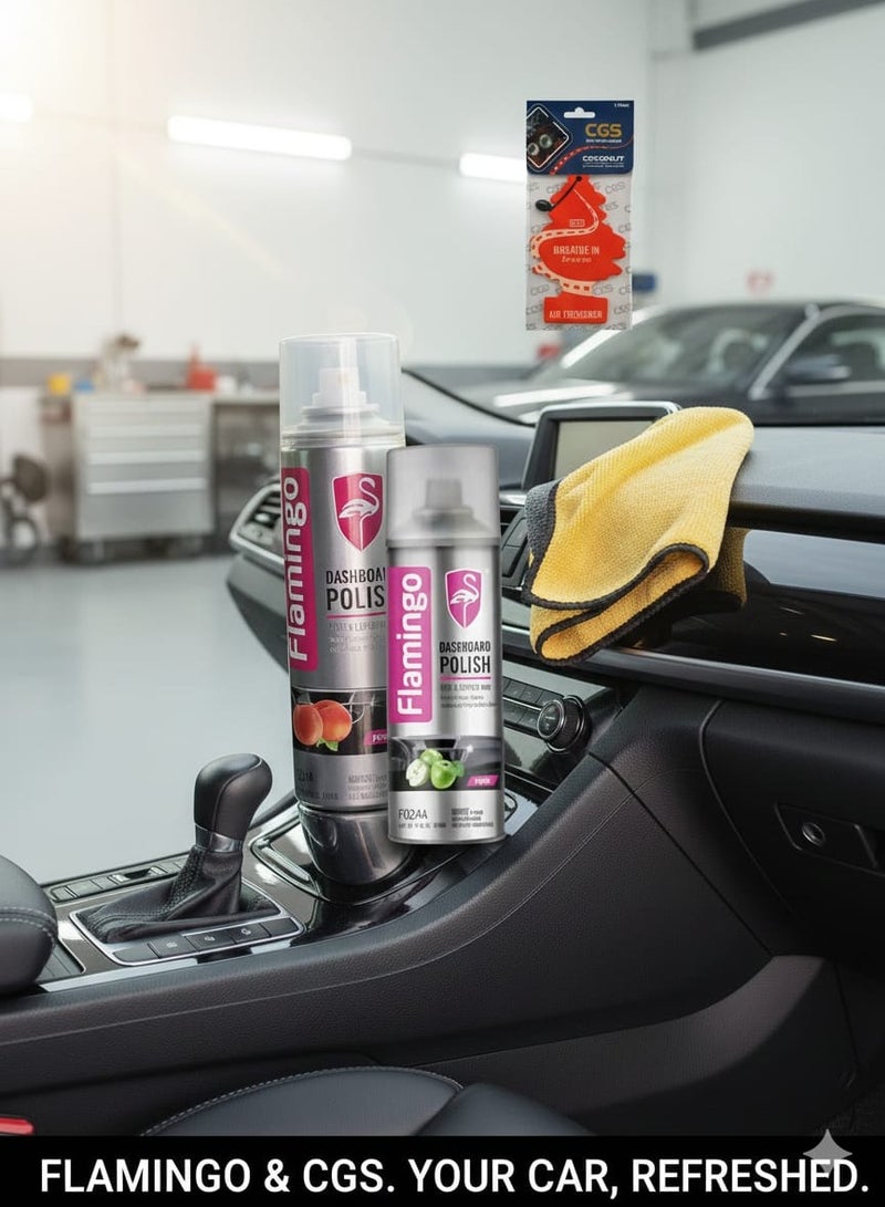 طقم عناية بتابلوه السيارة – قطعتين ملمع فلامنجو صغير + فوطة تنظيف + كارت معطر CGS - Image 2
