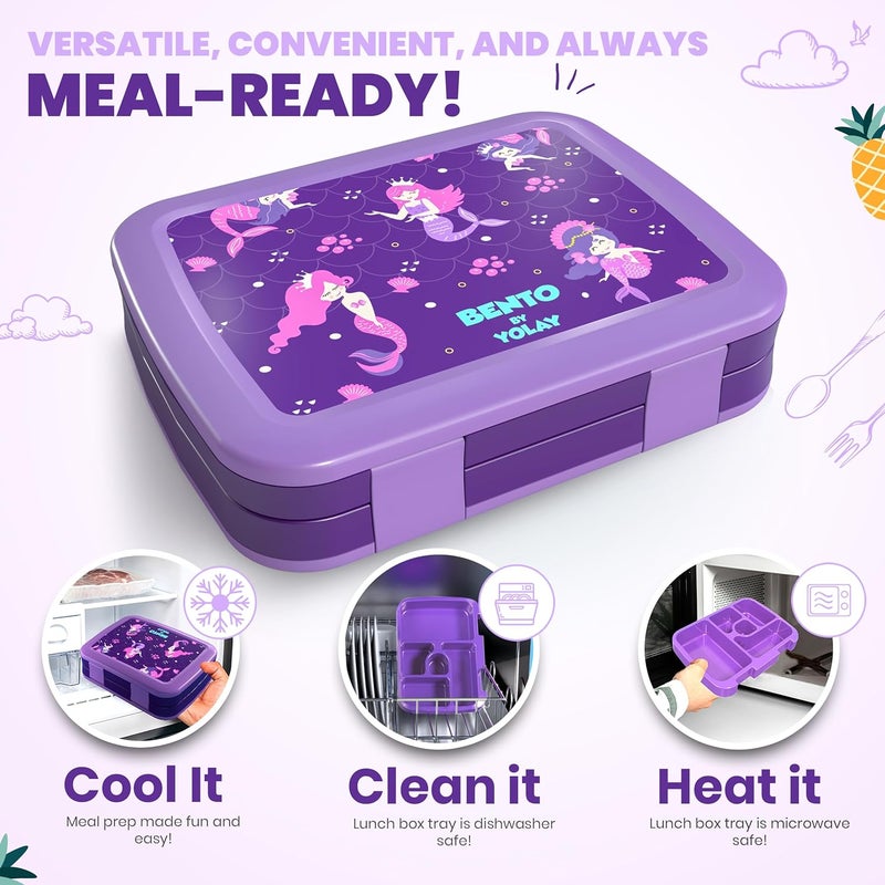 YOLAY Bento Box for Kids Lunch Box Leak-Proof, 5-Compartment Lunch Box Kids for Ages 3-10, Durable with Anti-Slip Base, Suitable for Schools, Outdoor and Travel (Mermaid) - Image 4