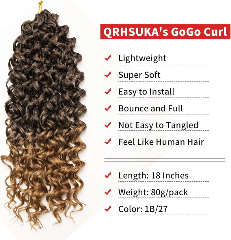 QRHSUKA شعر محبوك بنمط GoGo Curl للنساء، بتموجات مائية وشعر بشري مموج، إضافات شعر صناعية (طول 14 بوصة، عبوة تحتوي على 6 قطعات)، اللون T1B/27 - Image 4