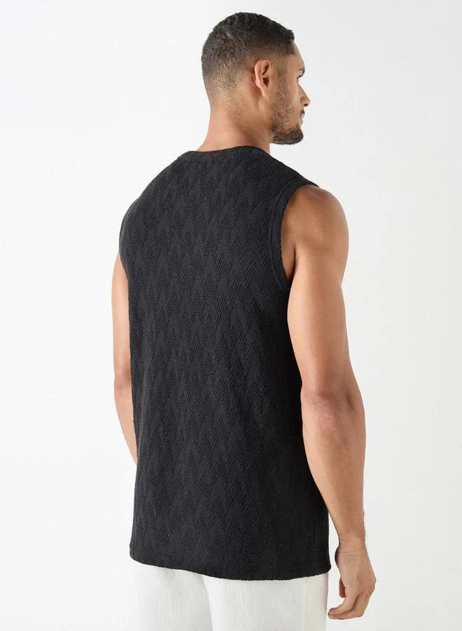 Iconic Iconic Textured Sleeveless Vest with Crew Neck