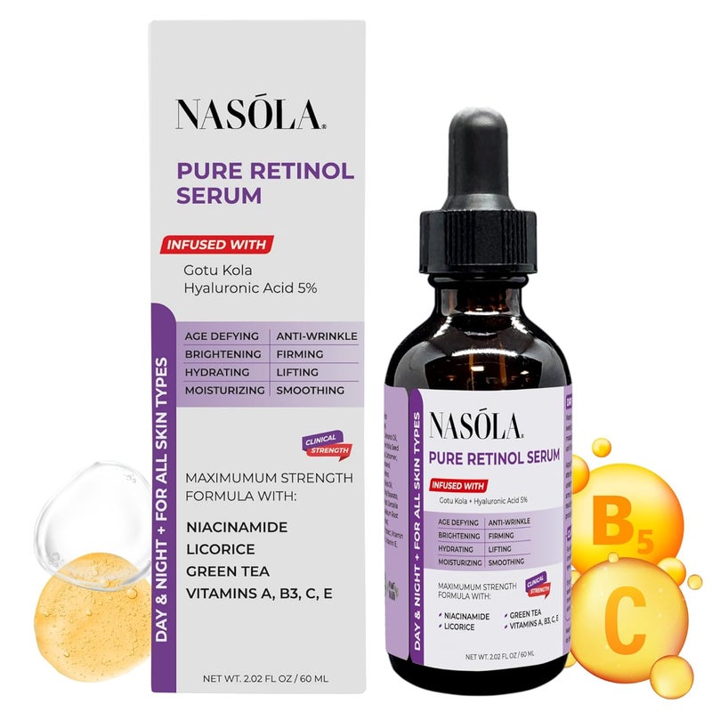 Nasola Pure Firming Retinol Serum with Hydrating Hyaluronic Acid  Gotu Kola for Wrinkles and Dark Spots Renew and Reset Nighttime Facial Serum for a smoother more radiant complexion 202 Fl Oz