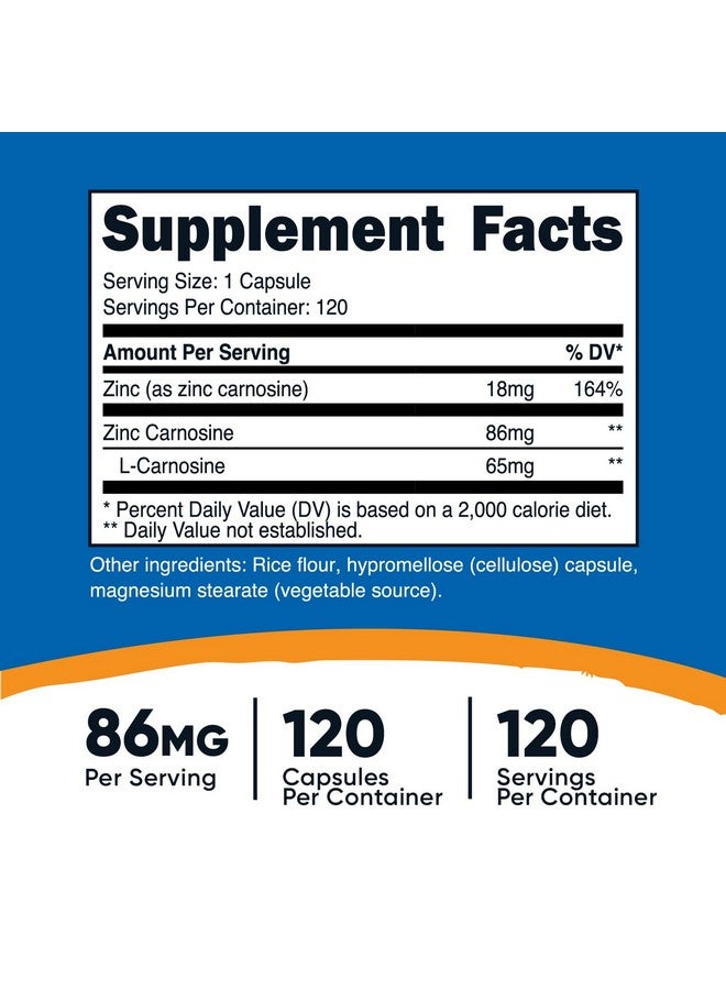 نيوتريكوست زنك كارنوزين ٨٦ ملغ، ١٢٠ كبسولة - غير معدل وراثيًا، خالٍ من الغلوتين، مكمل زنك إل-كارنوزين - Image 1