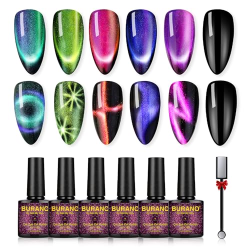 BURANO Magnetic Cat Eye Gel Nail Polish Set - 6Pcs Holographic Shimmer Glitter UV Nail Polish, Reflective Laser Cat Eye Gel Polish Kit with Magnet for Salon & Home Manicure (Holorgraphic Star) - Image 1