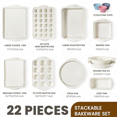 Kikcoin 22 PCS Nonstick Baking Pans Set, Stackable Bakeware Sets with Silicone Handles, 450°F Oven Safe Baking Sheet Set, Easy Release Cookie Sheets for Baking, Cream - Image 2