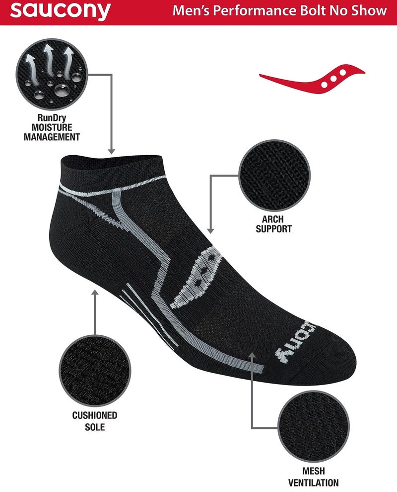 Saucony Men's Multi-Pack Bolt Performance Comfort Fit No-Show Socks, Black Assorted (6 Pairs), Shoe Size: 5-8 - Image 4