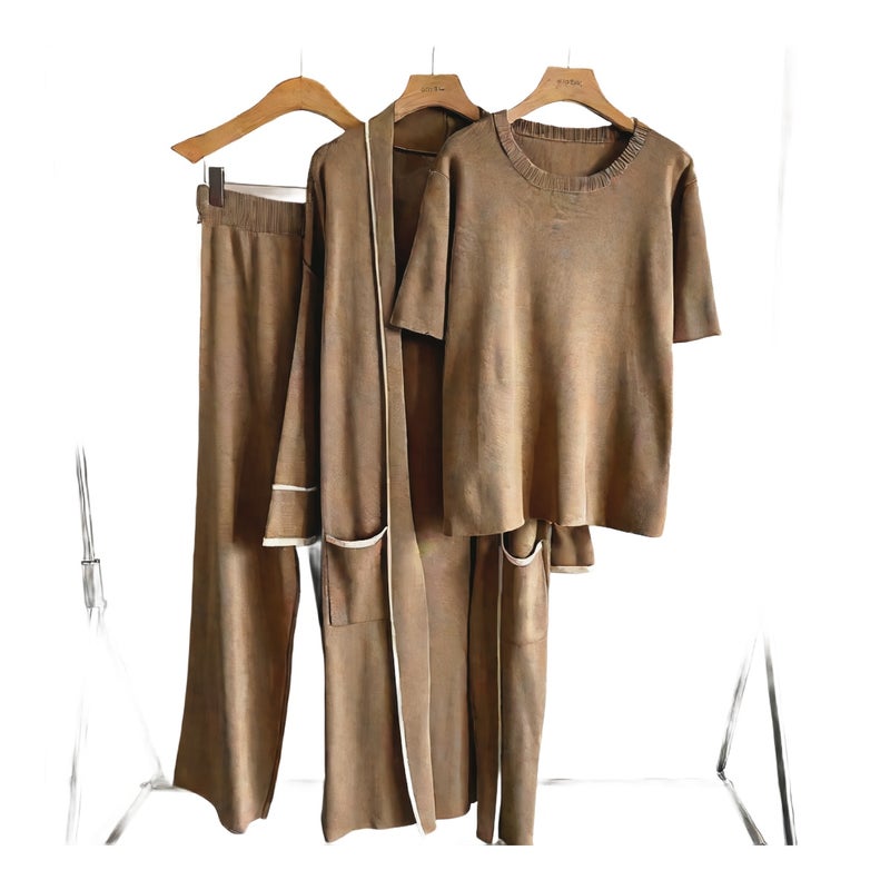 Women's Knit Long Robe 3-Piece Set Casual Loungewear - Image 1