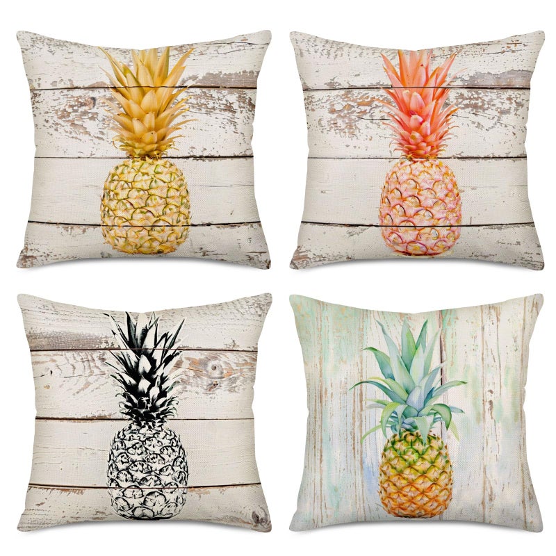 Fukeen Summer Tropical Pineapple Decorative Pillow Covers Retro Wood Background with Fresh Fruit Modern Farmhouse Chair Decor Pillow Case Cushion Cover Set of 4 Cotton Linen Square 18x18 Pillowcase