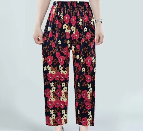 Cross-border Fashion Ink Butterfly National Style Casual Pants Womens New Chinese Style Loose Wide Leg Loose Summer New Ankle-length Pants Red flower ice silk nine-point straight flower pants 