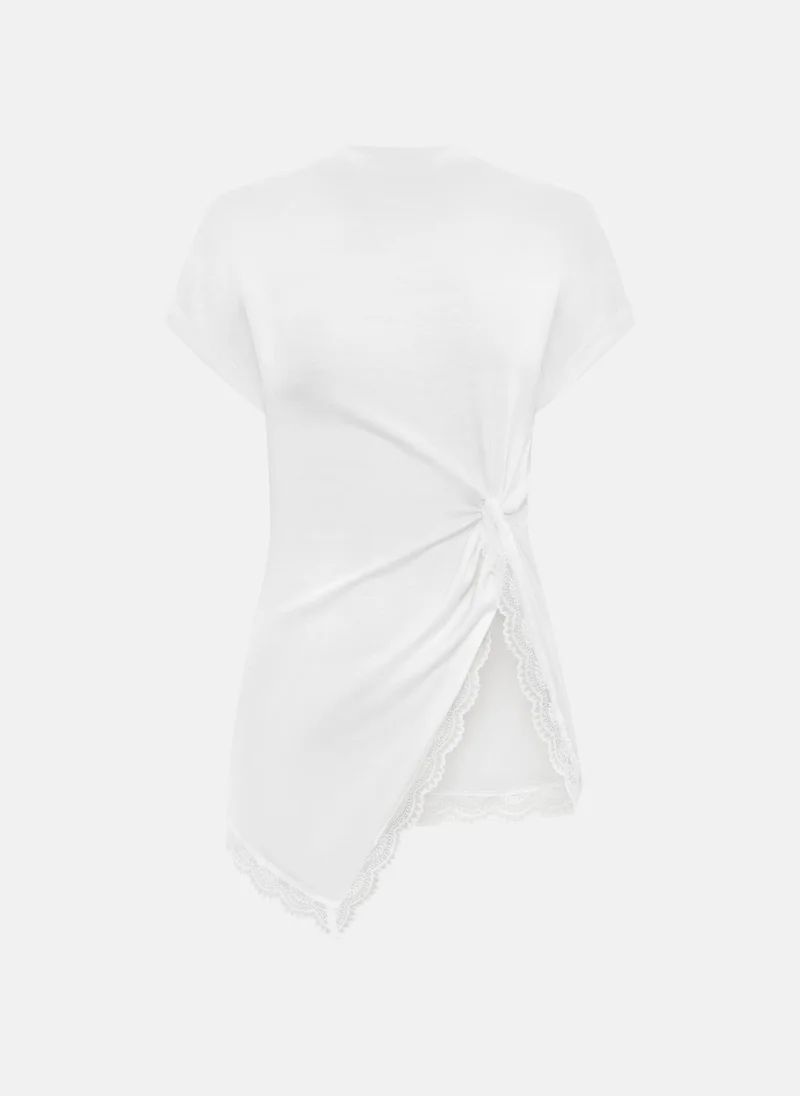 Lichi Long-line T-shirt with draping and lace trim along the hem