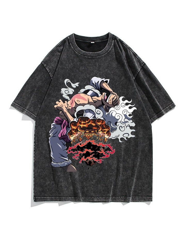 واحد قطعة لوفي غسلها خمر تي شيرت الهيب هوب الشارع عارضة القطن الصيف كم قصير - Image 1