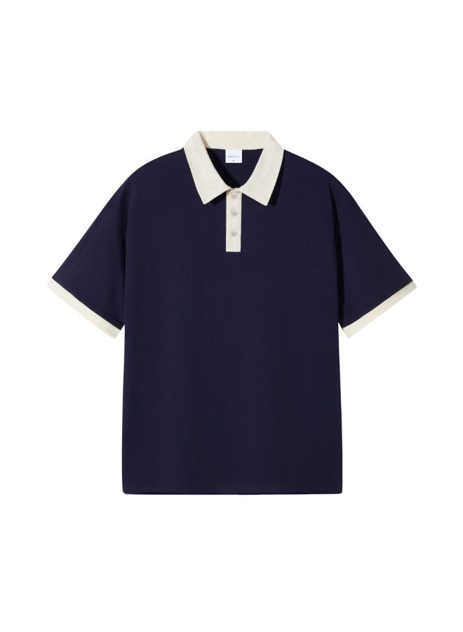 Loose Fit Men's Polo Shirt Double Thread Cotton Casual Short Sleeve T-Shirt Color Block Collar Design  - Image 1