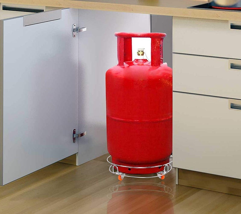 Generic Kitchen Special Premium Heavy Stainless Steel Gas Cylinder Trolley with Wheel 360 Degree Rotating Wheels LPG Cylinder Stand Made in India Random Design and Colors will be given - Image 1