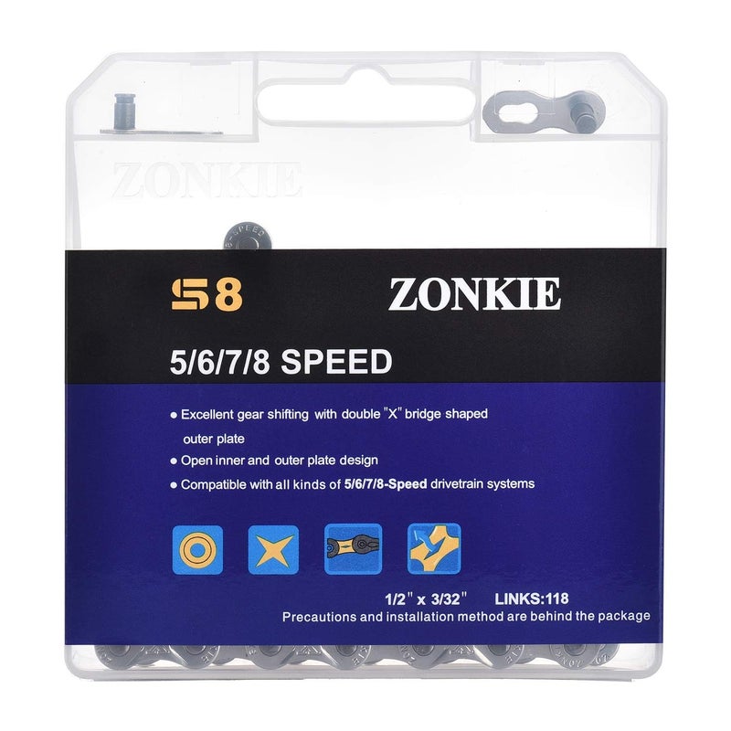 ZONKIE 6/7/8-Speed Bike Chain, Replacement Bicycle Chain, 1/2 x 3/32 Inch, 118 Links - Image 1