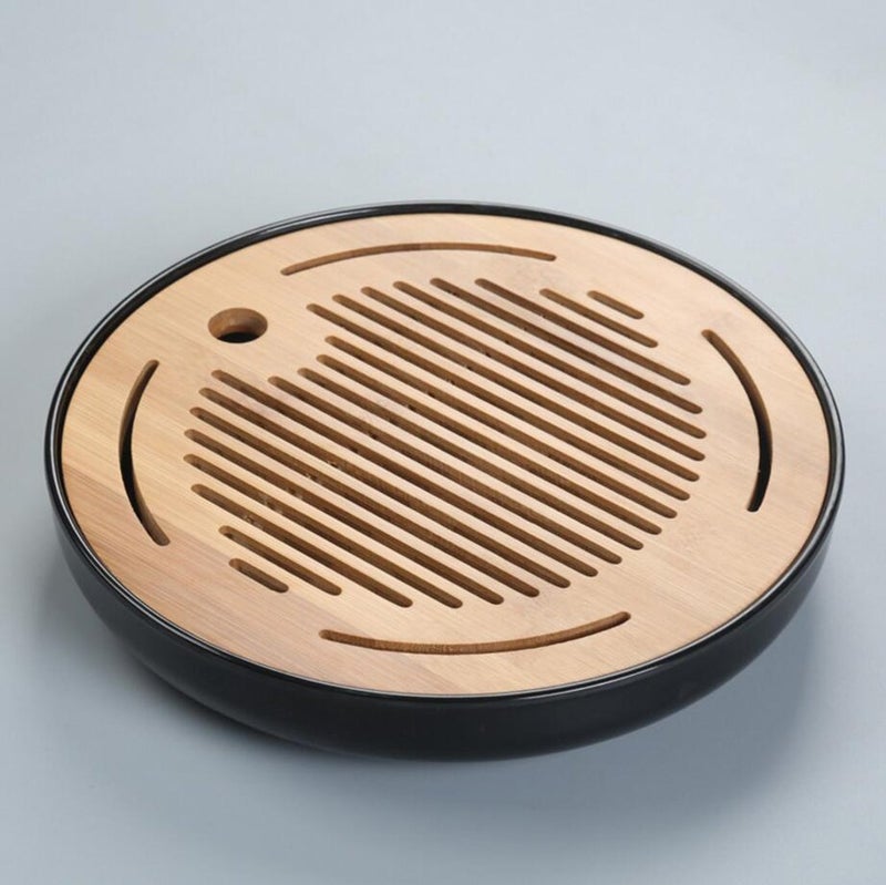 Hoobar Bamboo Kungfu Tea Tray Round Table Serving Tray Chinese Style Water Storage (Round Black) - Image 1