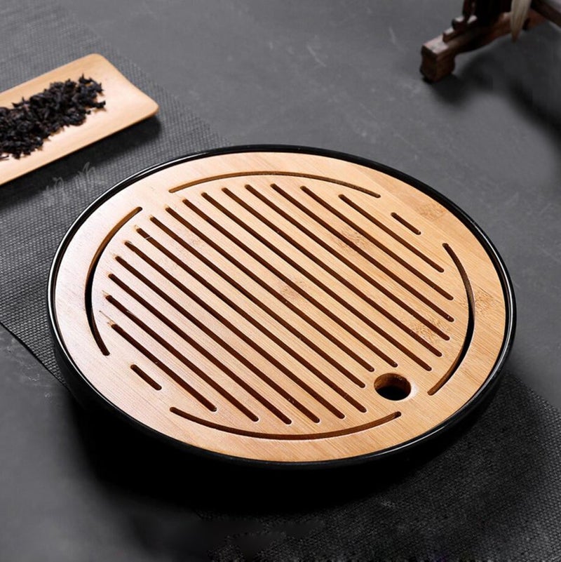 Hoobar Bamboo Kungfu Tea Tray Round Table Serving Tray Chinese Style Water Storage (Round Black) - Image 2