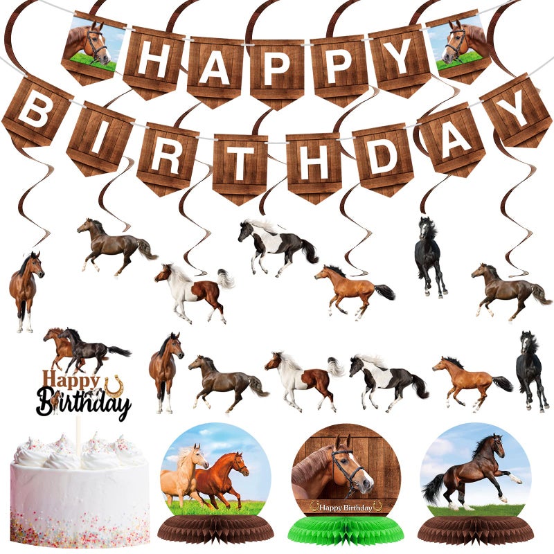 Tinlade 29 Pieces Horse Party Decorations Horse Birthday Banners cowboy Hanging Swirls Hanging Cards Cupcake Toppers Honeycomb Centerpiece for Birthday Party Supplies - Image 1