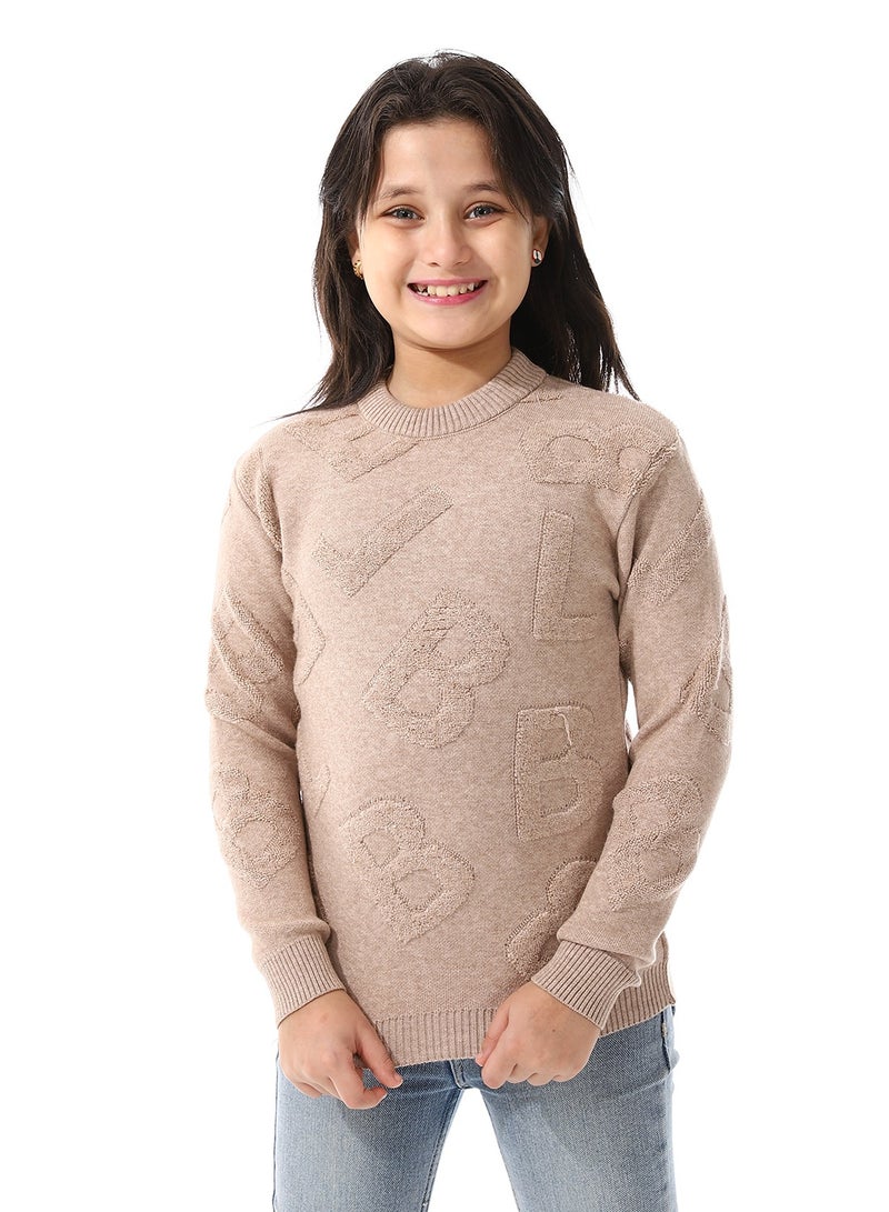 Andora Alphabet Ribbed Trims Round-Neck Pullover_Coffee Brown - Image 1
