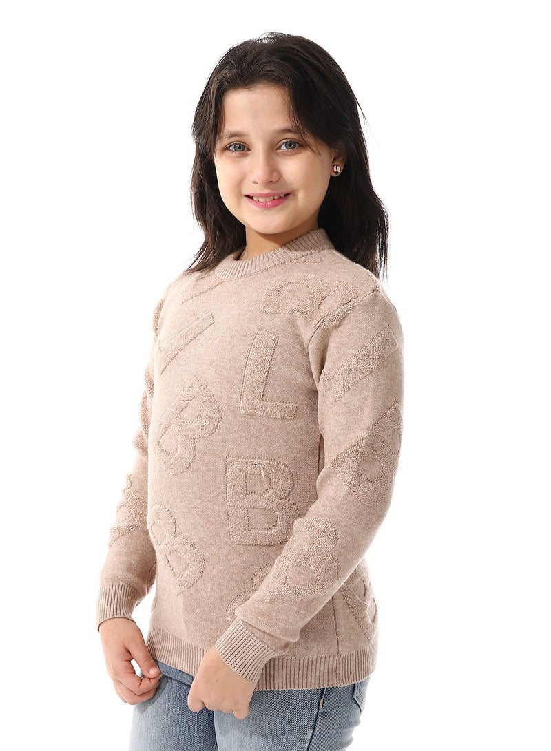 Andora Alphabet Ribbed Trims Round-Neck Pullover_Coffee Brown - Image 2