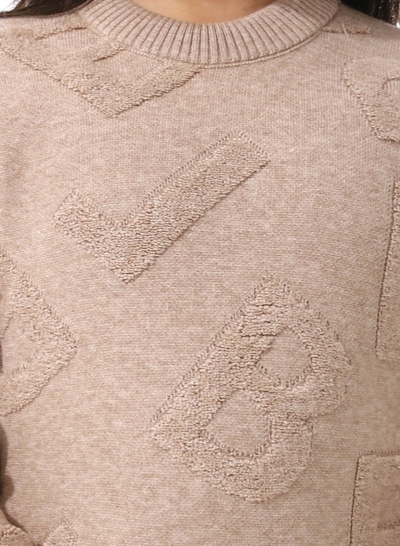 Andora Alphabet Ribbed Trims Round-Neck Pullover_Coffee Brown - Image 5