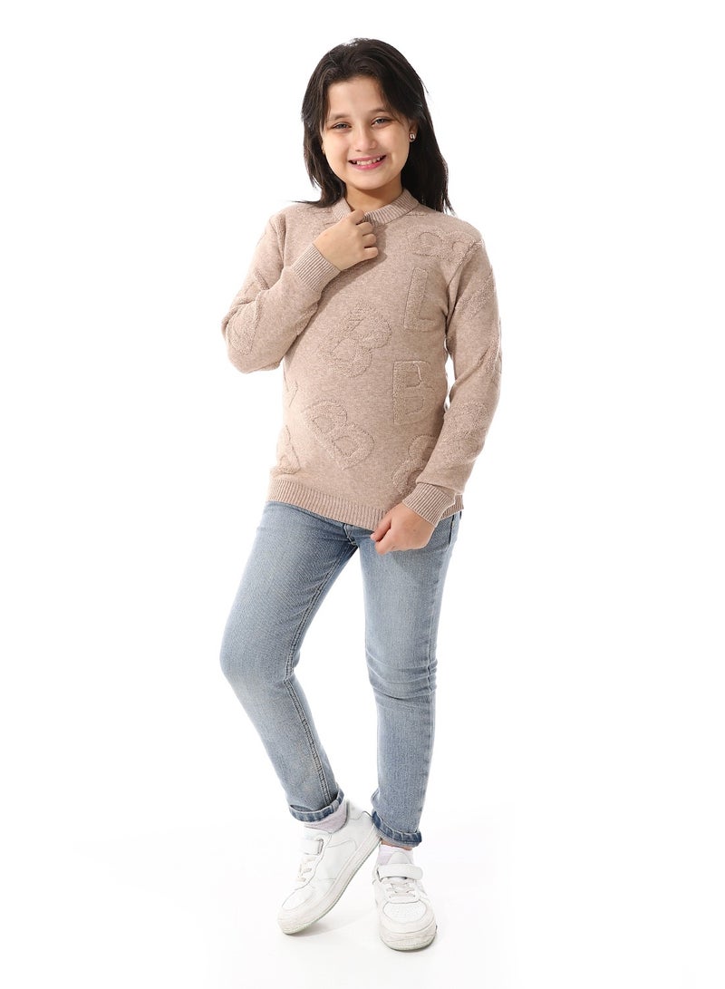 Alphabet Ribbed Trims Round-Neck Pullover_Coffee Brown