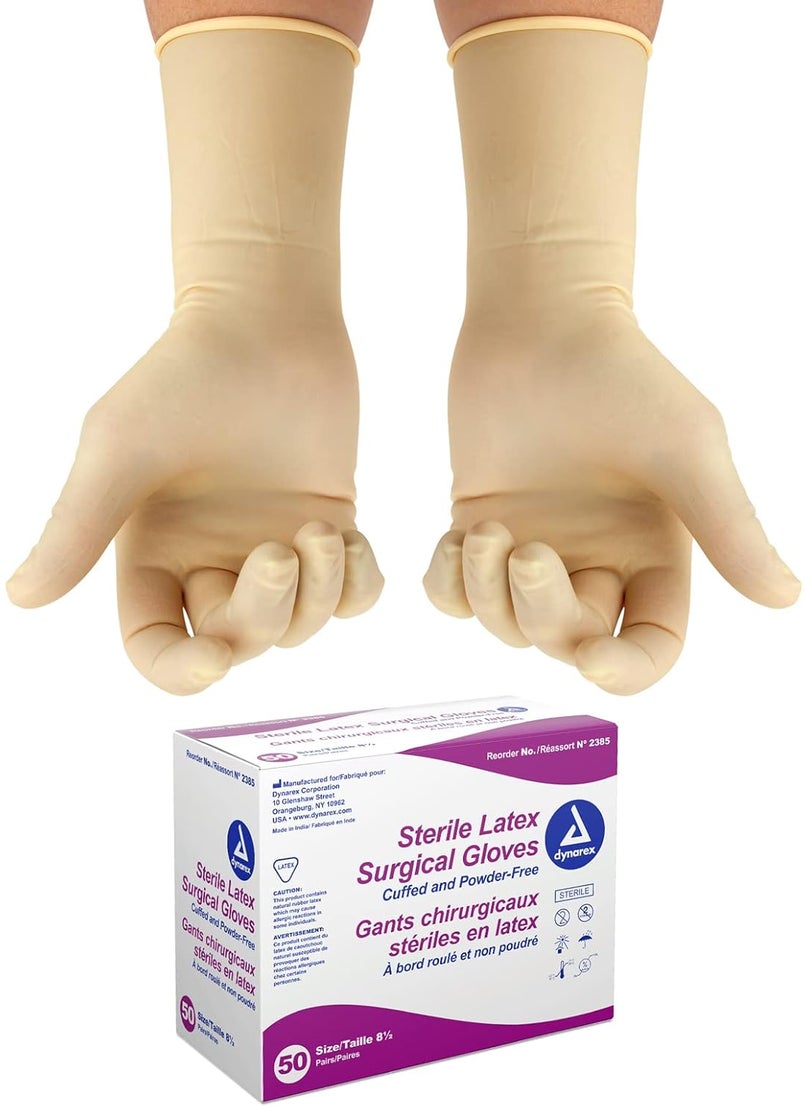 Dynarex Dynarex Sterile Disposable Latex Surgical Gloves, Powder-Free, Sterilely Packaged in Pairs, Professional Medical and Healthcare Use, Veterinary Clinic, Bisque, Size 8.5, 1 Box of 50 Pairs of Gloves 