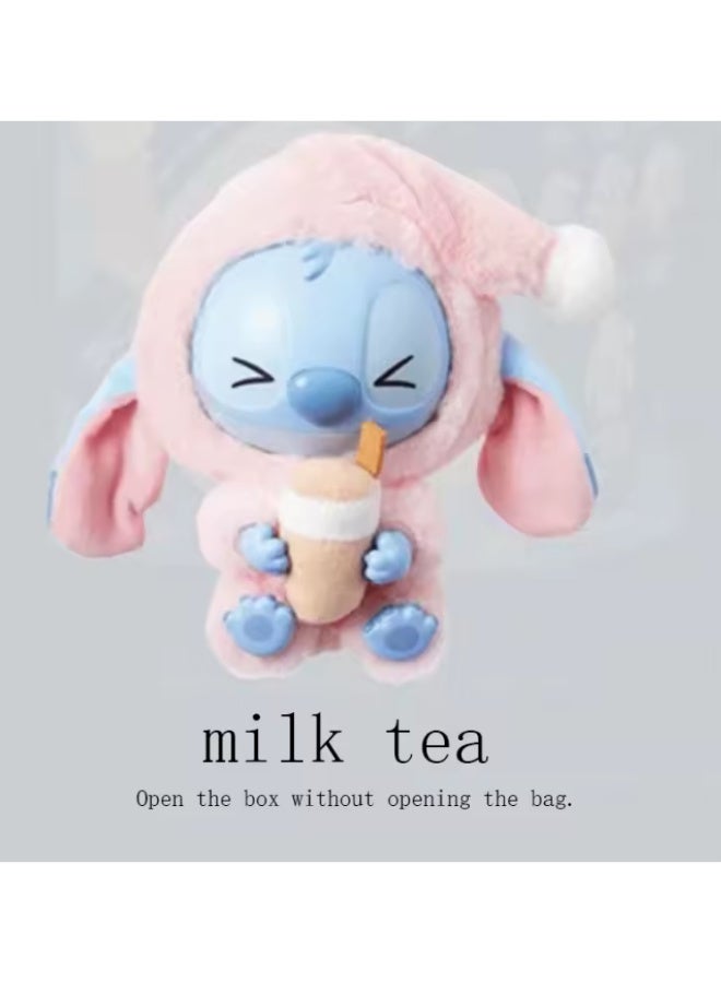 Stitch doll with a bunny outfit and a cup of milk tea 🐰🧋 Make your day sweeter with the cute Stitch character wearing his pink bunny pajamas and drinking milk tea! 😍 The cute design and soft material make it perfect as a gift, room decoration, or bag decoration. - Image 1