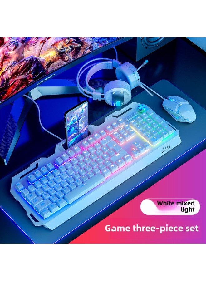 Loquat YK845 Wired Luminous Keyboard Mouse Headset Three-piece Set Electric Competition Mechanical Feel Computer Notebook Wholesale-Color:YK845-White Mixed Light 【Three-Piece Keyboard Mouse Headset】 With K  - Image 1