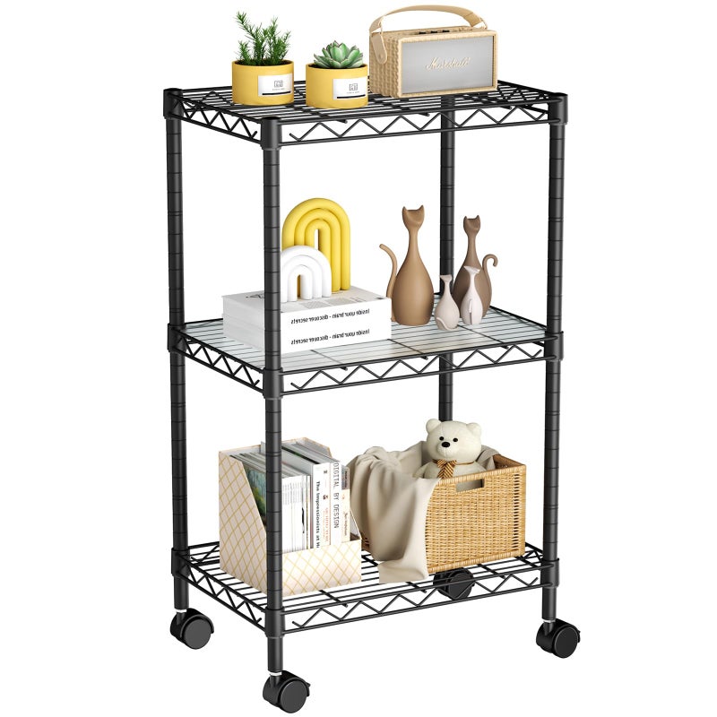 Golpart Small 3 Tier Shelves Storage Wire Shelving Unit Metal Shelf Adjustable Organizers Storage Shelving with Wheels for Bathroom Laundry Room Kitchen Pantry12â€D x 18â€W x 30.7â€H Black - Image 1
