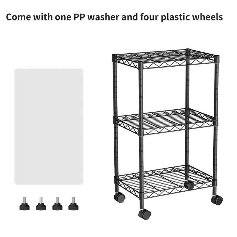 Golpart Small 3 Tier Shelves Storage Wire Shelving Unit Metal Shelf Adjustable Organizers Storage Shelving with Wheels for Bathroom Laundry Room Kitchen Pantry12â€D x 18â€W x 30.7â€H Black - Image 2