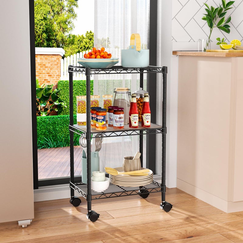 Golpart Small 3 Tier Shelves Storage Wire Shelving Unit Metal Shelf Adjustable Organizers Storage Shelving with Wheels for Bathroom Laundry Room Kitchen Pantry12â€D x 18â€W x 30.7â€H Black - Image 3