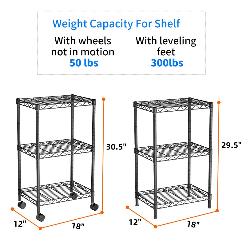 Golpart Small 3 Tier Shelves Storage Wire Shelving Unit Metal Shelf Adjustable Organizers Storage Shelving with Wheels for Bathroom Laundry Room Kitchen Pantry12â€D x 18â€W x 30.7â€H Black - Image 4