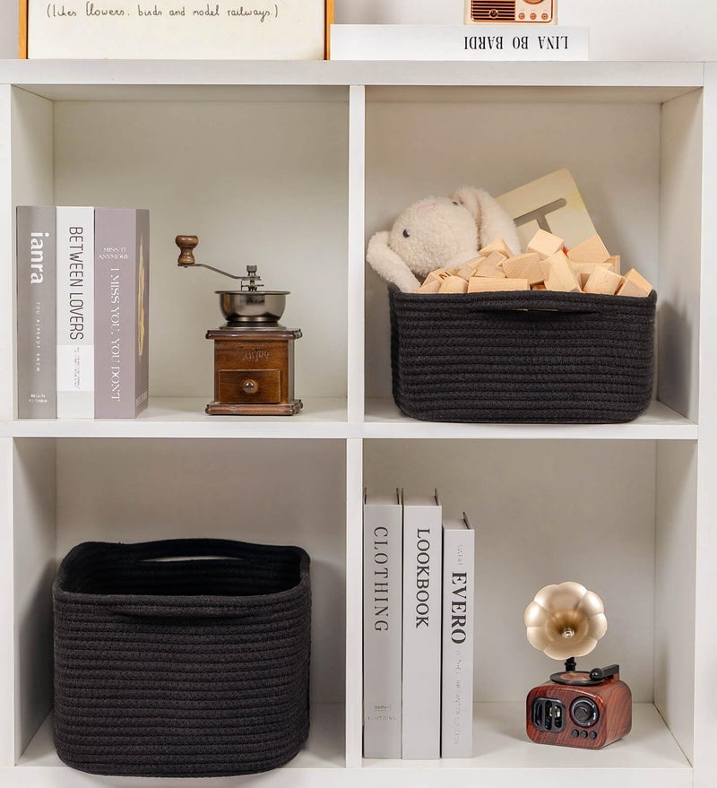 CubesLand Cute and Durable Small Cotton Rope Basket for Organizing, Woven Closet Storage Bin,Shelves Closet Storage Basket, Bathroom Storage Organizer Bin, Nursery Toy Basket Bin, Black Basket - Image 4