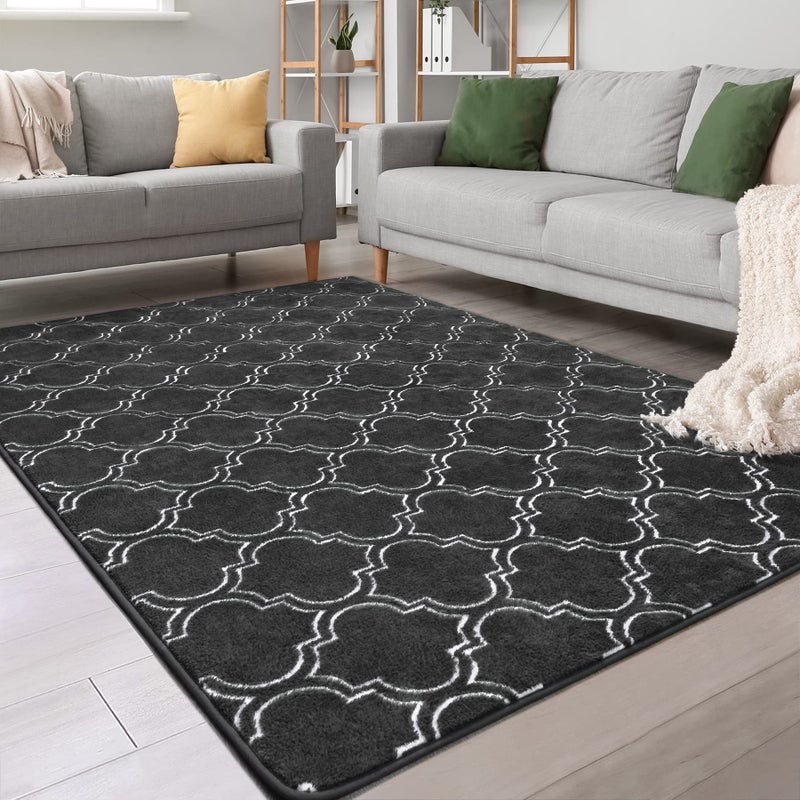 Chicrug Shag Geometric Modern Area Rug for Bedroom 3x5 Feet Memory Foam Indoor Carpet Fluffy Rug for Living Room Bedside Room Decor for Family Girls Kids Nursery Play Mat Dark GreyWhite
