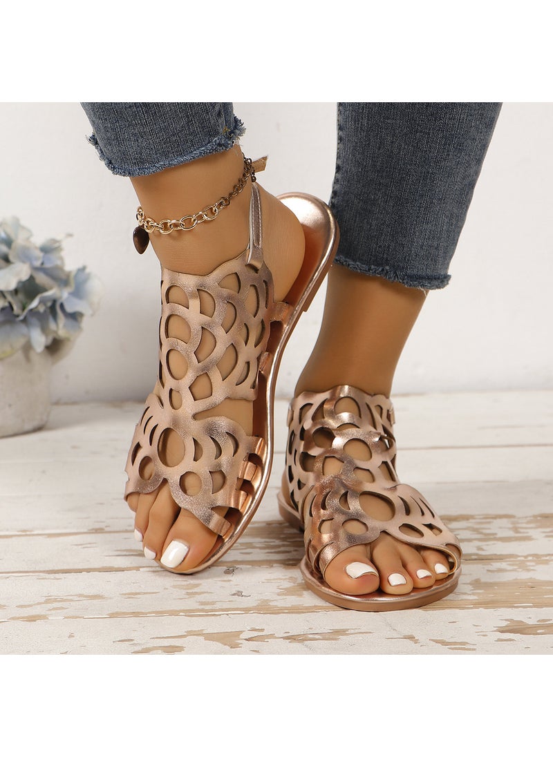 Generic - Womens Summer New Style One-Row Buckle Strap Sandals Plus Size Flat Bottom Hollow Out Fish Mouth Sandals Rubber Material Rose Gold - Image 1