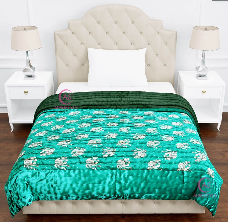 AUROSTYLE Rajasthani Cotton Filled Light Weight Silk Soft Jaipuri AC Quilt Dohar Over All Floral Print Design Blankets for Home (85x55 Inch,Rama Green Elephant Print, Single Bed) - Image 4
