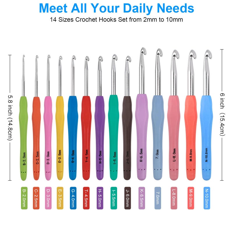 MECHEER Crochet Hooks 14 Sizes Crochet Hook Set, 53 Pack Yarn Crochet Kit for Beginners, Knitting Needles with Ergonomic Handles for Arthritic Hands, Crochet Needle Kit with Blue Case for Crocheters - Image 2