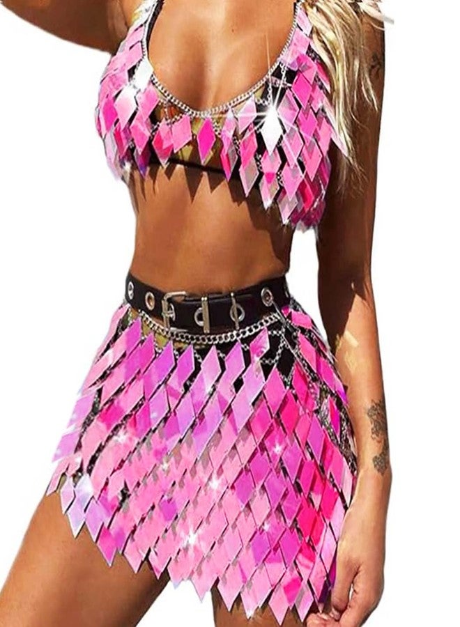 REETAN Sequin Rave Outfit Chain Skirt Bra Top Costume for Women (Pink) - Image 1