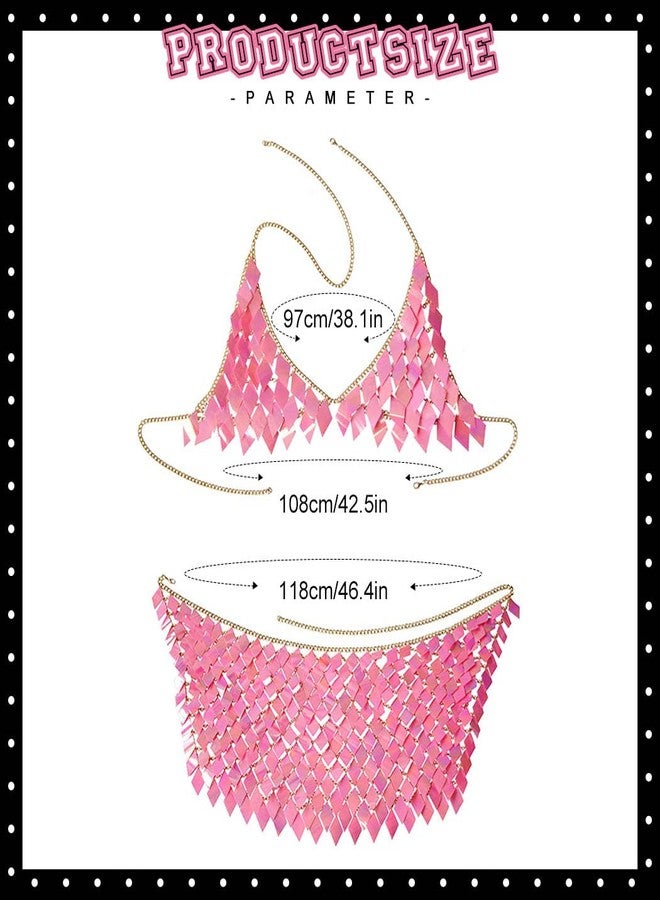 REETAN Sequin Rave Outfit Chain Skirt Bra Top Costume for Women (Pink) - Image 2