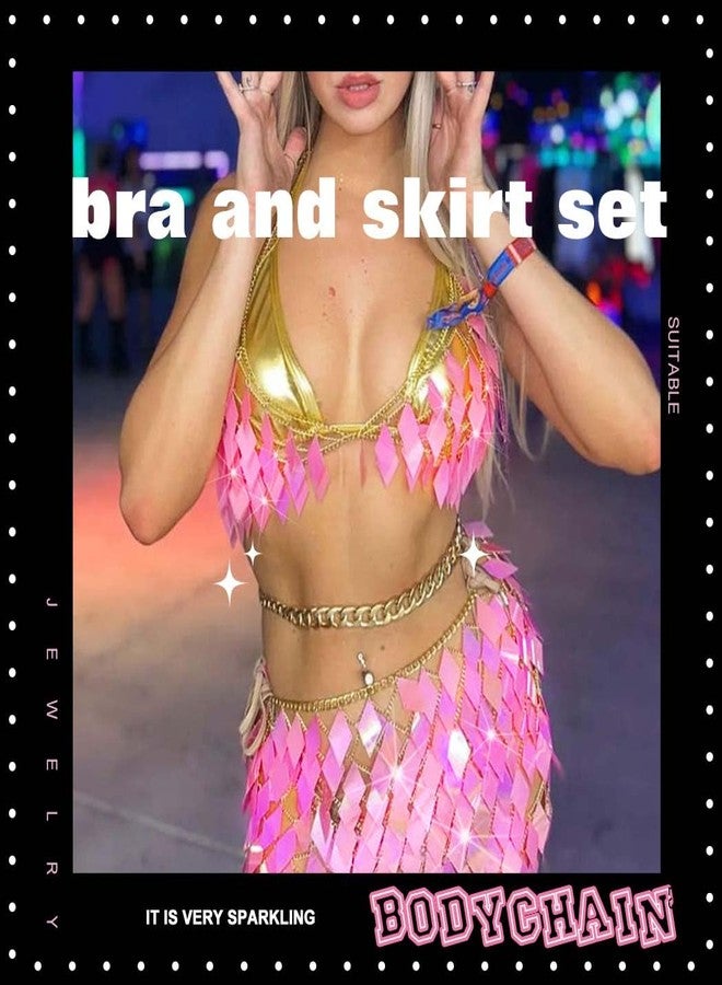 REETAN Sequin Rave Outfit Chain Skirt Bra Top Costume for Women (Pink) - Image 3