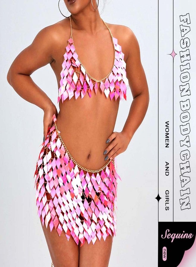 REETAN Sequin Rave Outfit Chain Skirt Bra Top Costume for Women (Pink) - Image 5