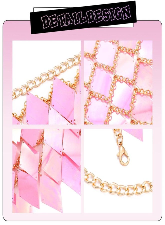 REETAN Sequin Rave Outfit Chain Skirt Bra Top Costume for Women (Pink) - Image 4