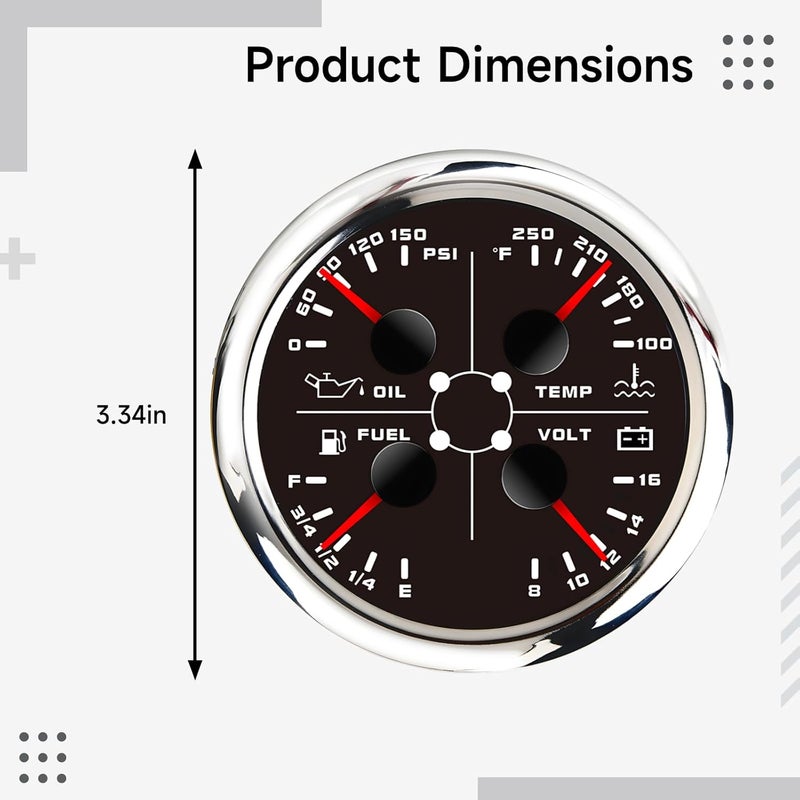 Oil Pressure, Water Temperature, Fuel, Voltage Meter 4-in-1 Gauge, 3.3 in, 9-32V, 316 Stainless Steel Boat Gauge - Image 4