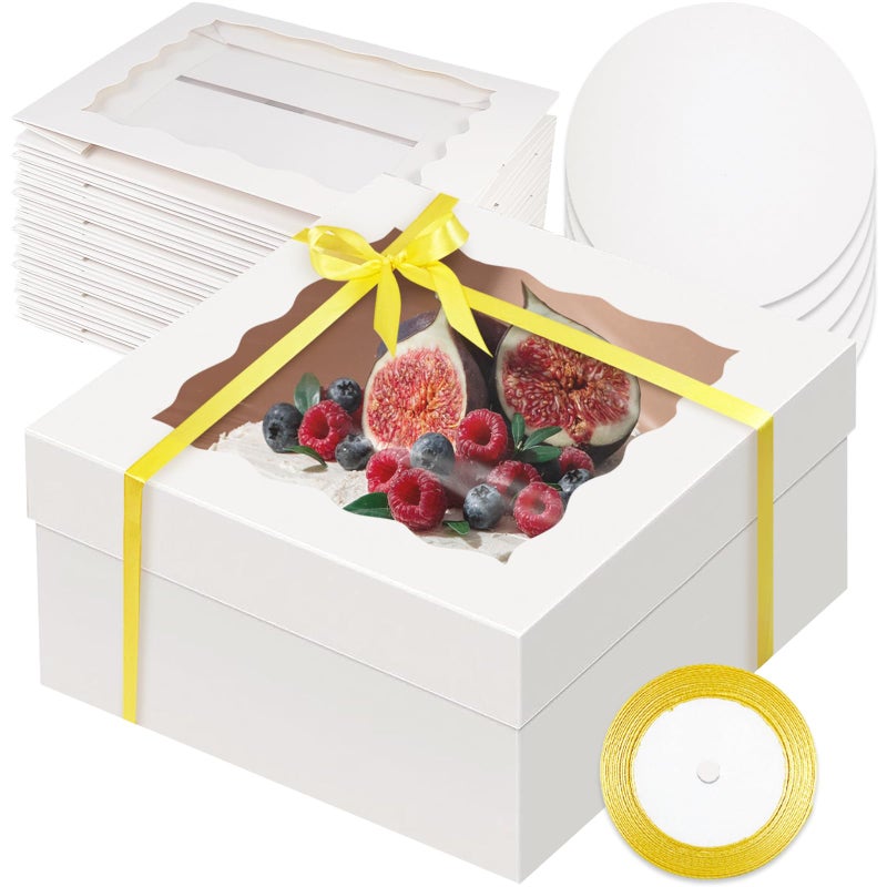 qiqee 12x12x6 Cake Box, 18 Sets White Cake Box with Window ï¼† 18 Sets 12" White Cake Round Boards, 12inch Cake Containers, 10 Meters Gold Silk Ribbon - Image 1