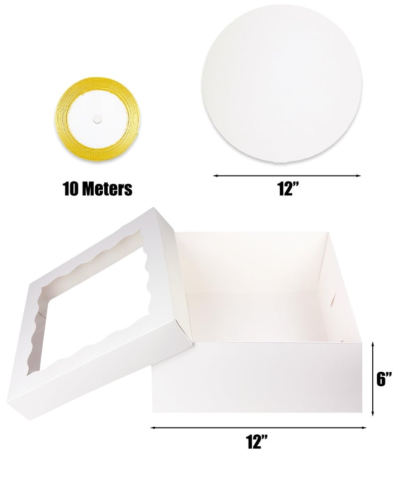 qiqee 12x12x6 Cake Box, 18 Sets White Cake Box with Window ï¼† 18 Sets 12" White Cake Round Boards, 12inch Cake Containers, 10 Meters Gold Silk Ribbon - Image 5