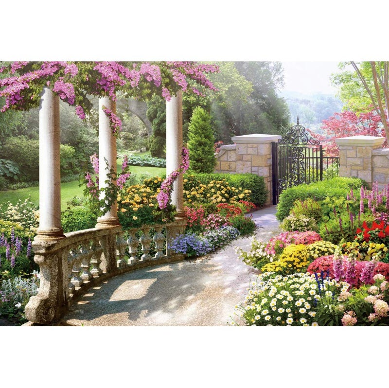 DORCEV 8x6ft Spring Beautiful Garden Photography Backdrop Vintage Garden Architecture Pillars Blooming Flowers Background Outdoor Wedding Portraits Photo Studio Props Wallpaper